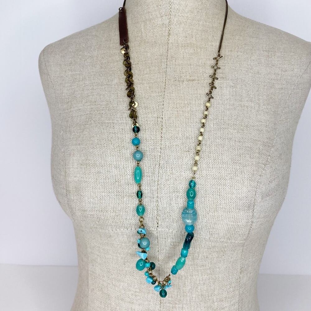 Blue, Bronze And Leather Long Necklace